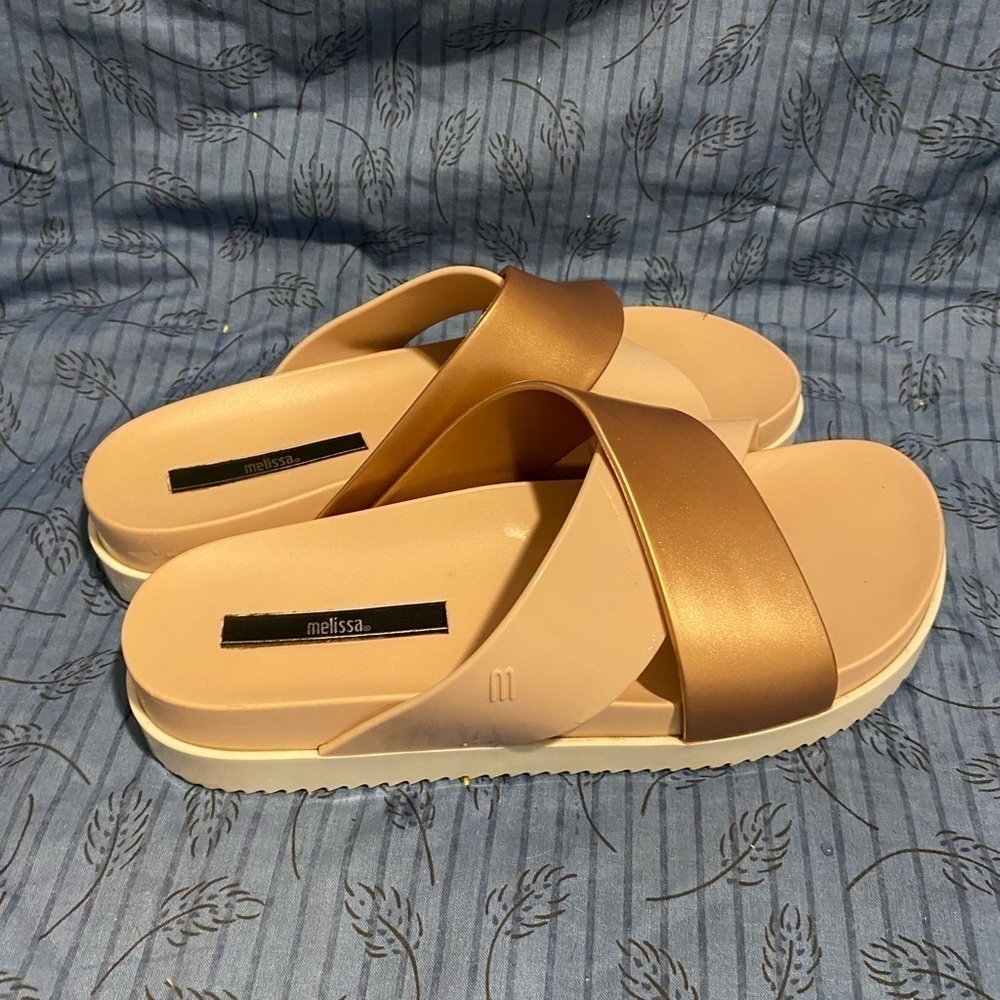 Melissa cosmic li platform crossed sandal in blush and metallic 7